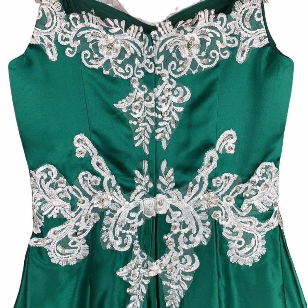 VTG Green Short High Lo Asymmetrical Embroidered Retro Formal Dress Gown - Picture 5 of 11